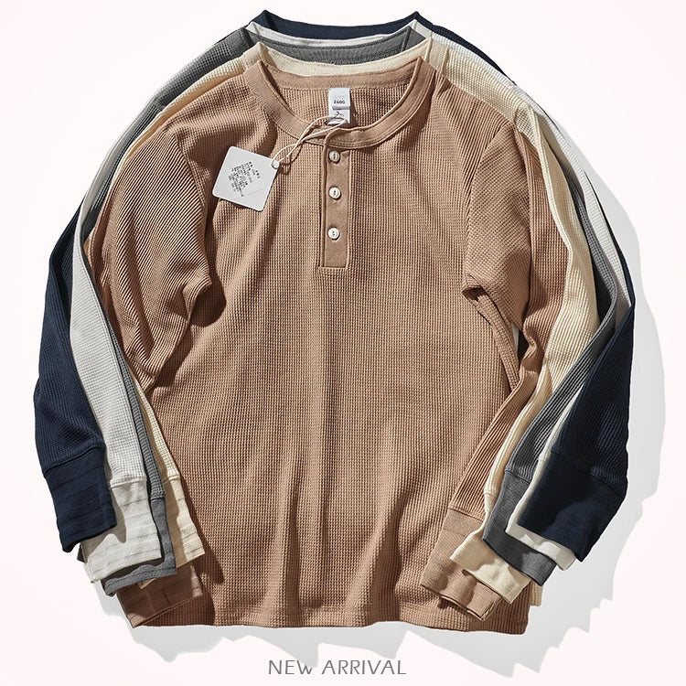 Autumn And Winter New American Heavyweight Retro Men's Waffle Long-sleeved T-shirt