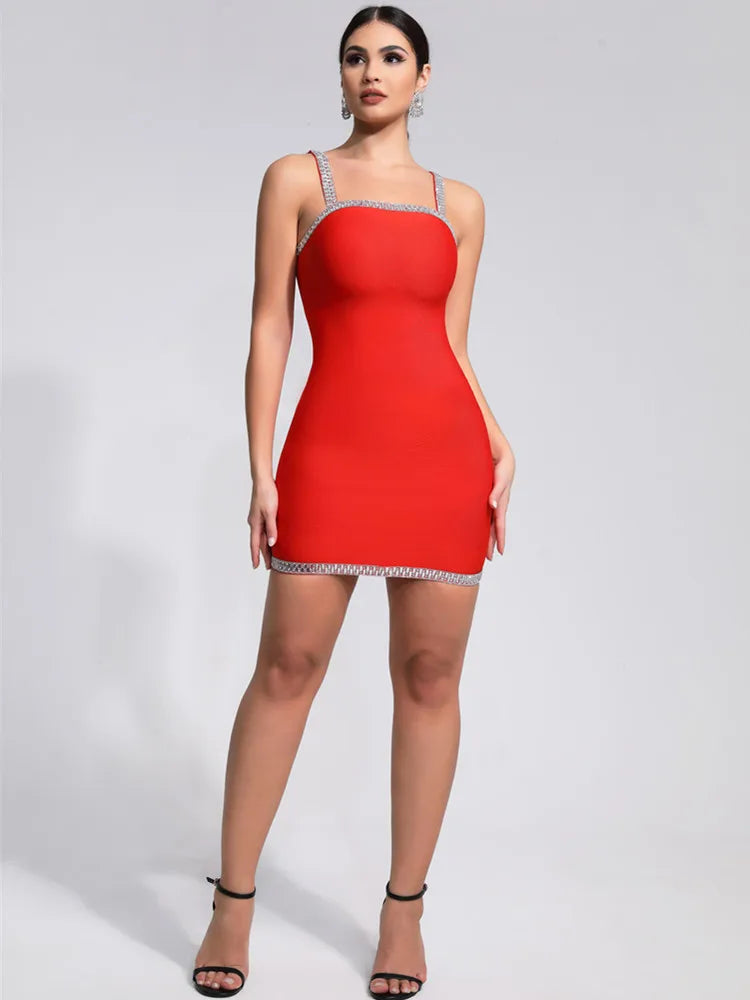 Luxury Sexy Summer Square Collar Red Crystal Mini Dress