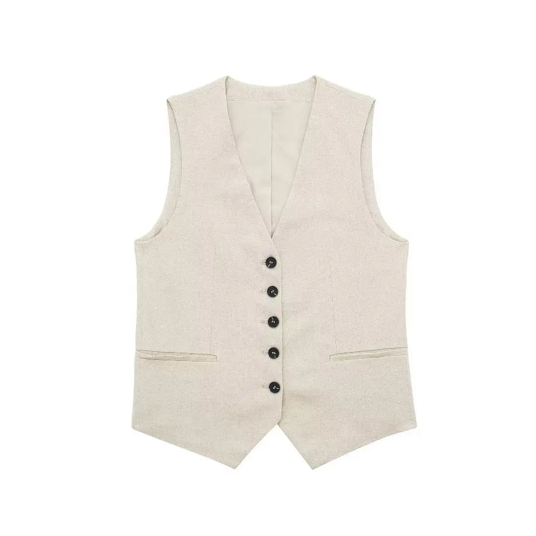 Women Fashion Plain Linen Tops Vest
