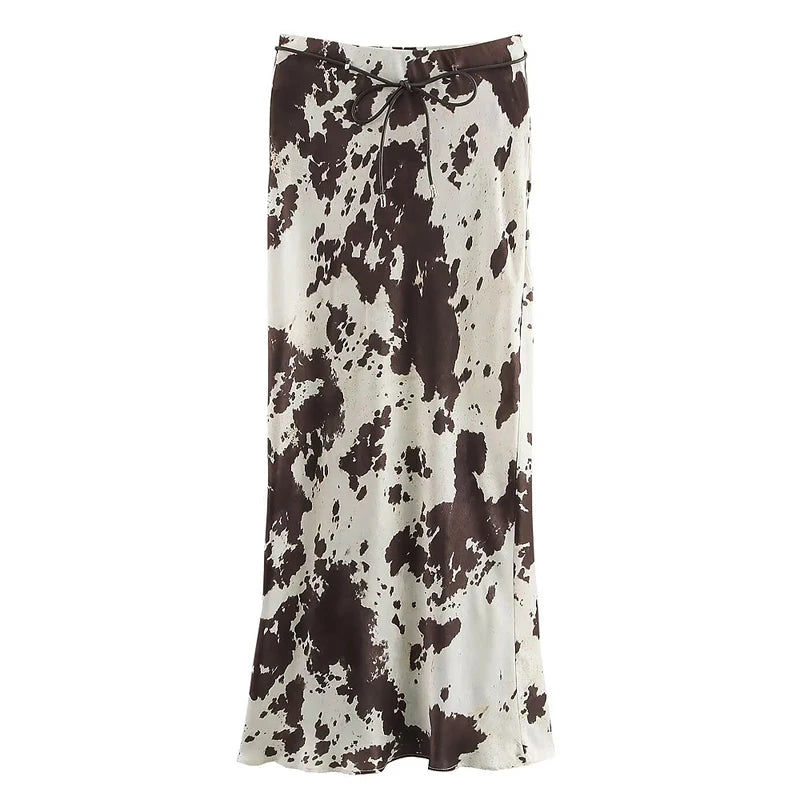 Animal Print Satin Skirt Women Fashion Ruffles Midi Skirts With Belt