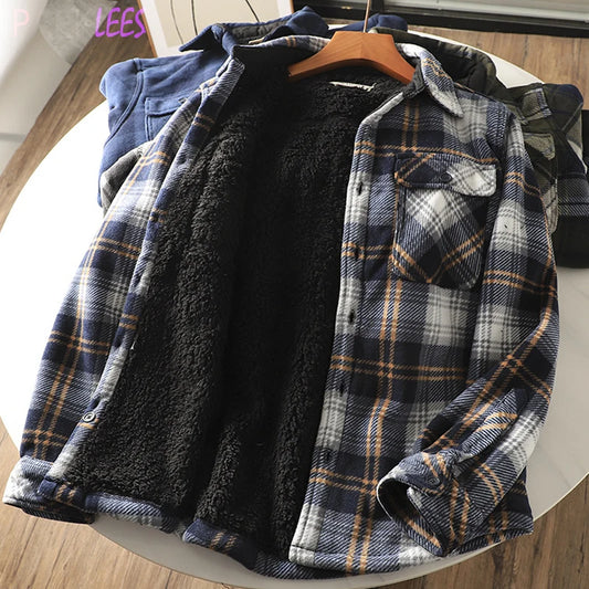 Warmes kariertes Winter-Fleece-Leinenhemd für Herren
