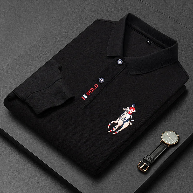 Besticktes Langarm-Poloshirt für Herren in Volltonfarbe