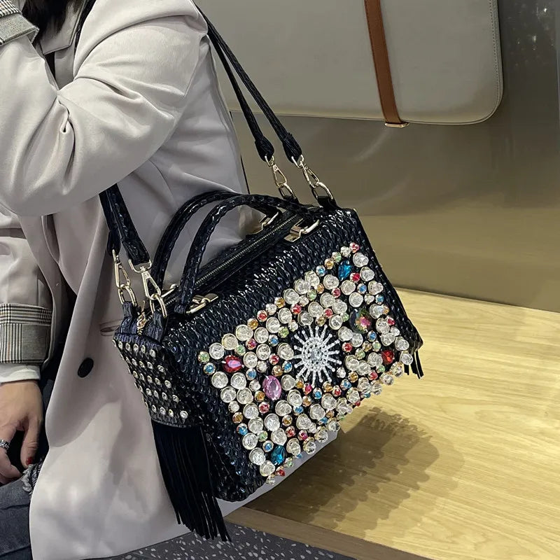 Genuine Leather Tassel Fashion Rhinestone Large Capacity Female Shoulder Crossbody Bags