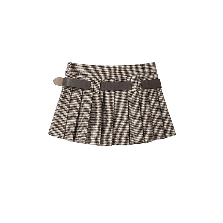 Y2K Low Rise Houndstooth Mini Skirt with Belt Woolen Pleated Mini