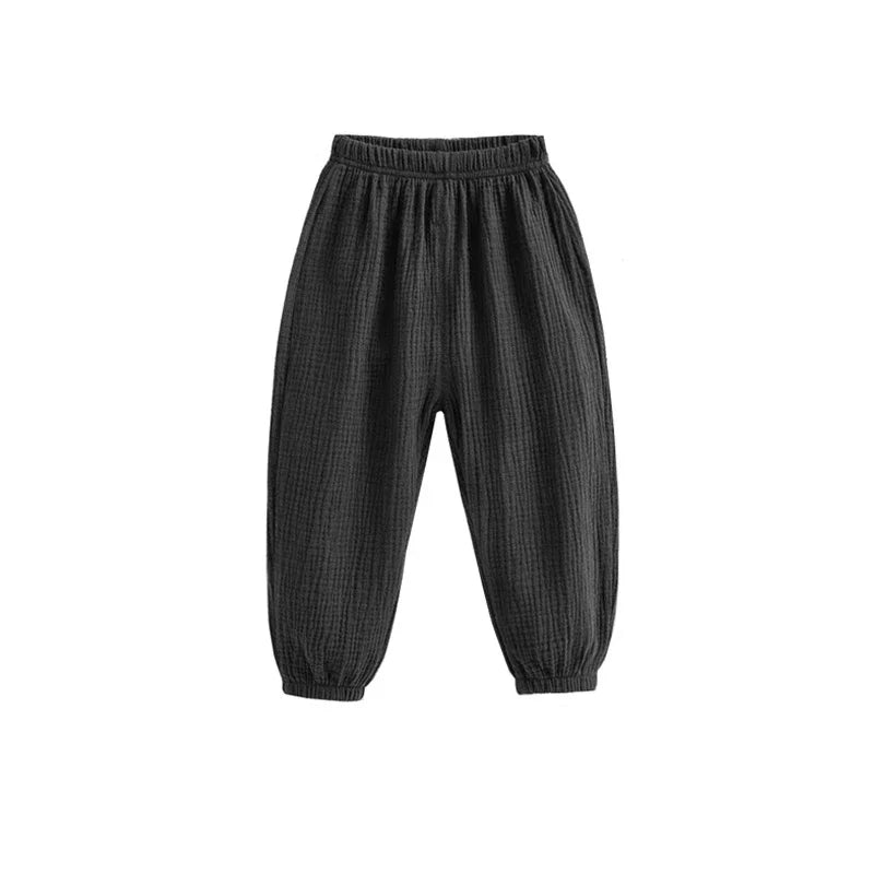 Summer Boys Cotton Linen Solid Color Loose Pleated Pant