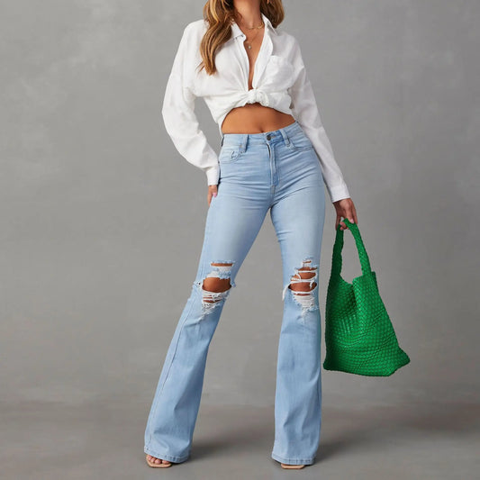 Schlanke Jeanshose mit Lochmuster und hoher Taille für Damen