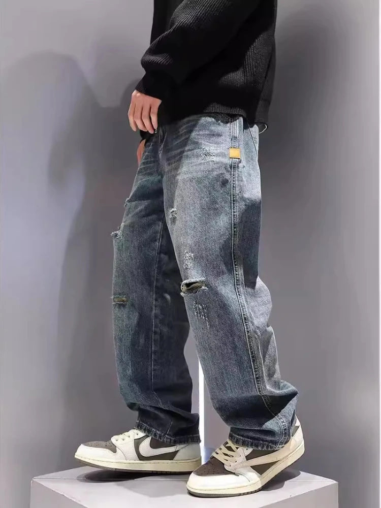 New Men's Baggy Straight Fashion Vintage Blue Denim Pants