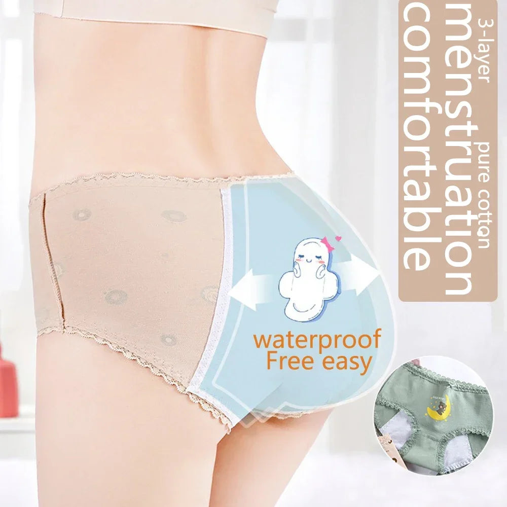 Girls Mid Waist Bear Cotton Period Briefs Soft Underwear