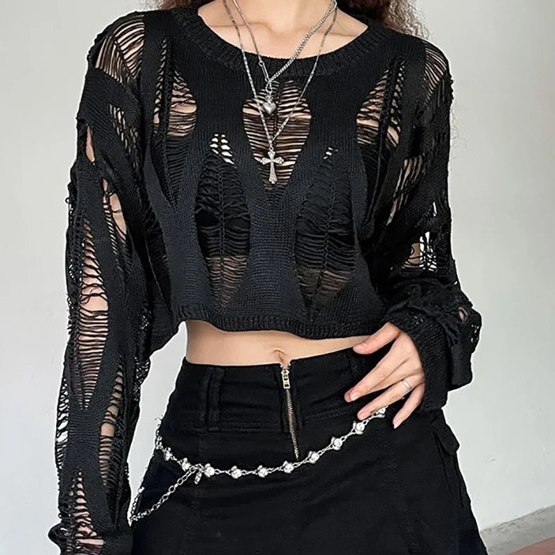 Hollow Out Batwing Sleeve Knitted Tops
