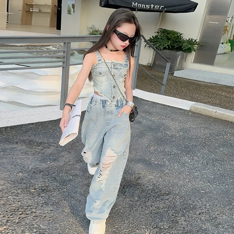 New Harbor Flavor Halter Vest Ripped Wide-leg Pants Two-piece Set