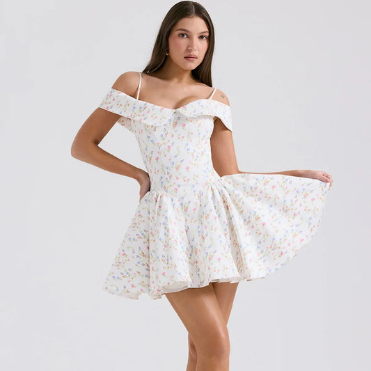 Suninheart Floral Print Short Party Dresses Off The Shoulder Tulle Dress