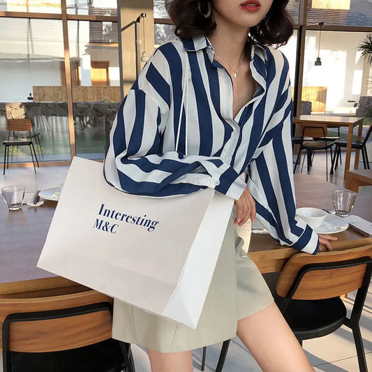 Summer Loose POLO Collar Striped Printed Chiffon Shirt
