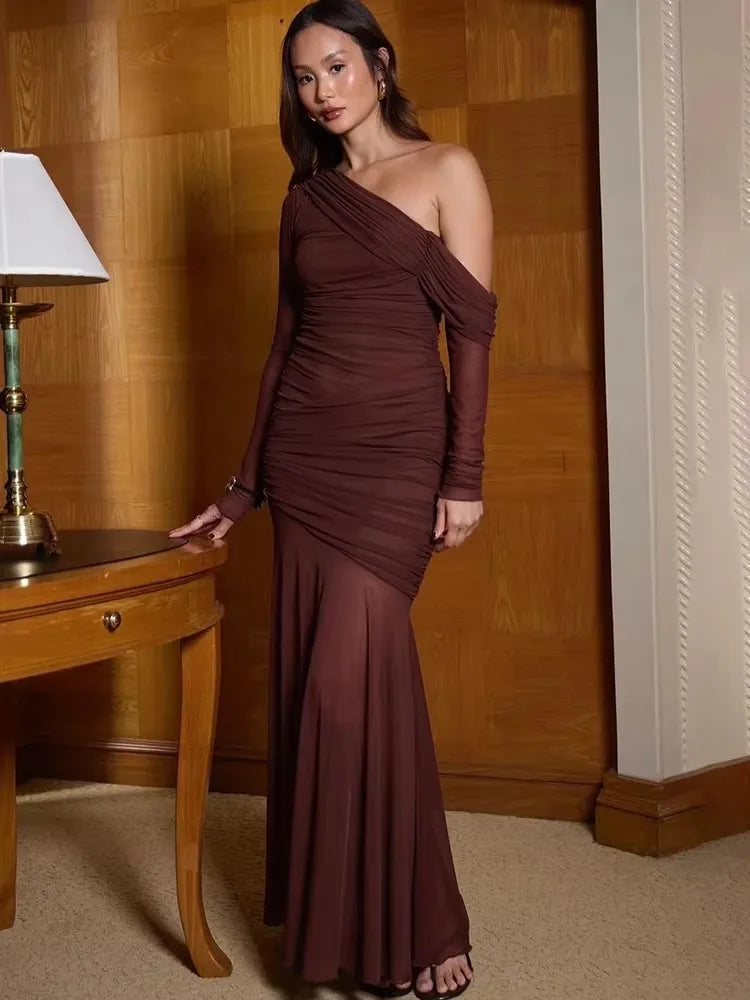 One Shoulder Mesh Women Maxi Dress