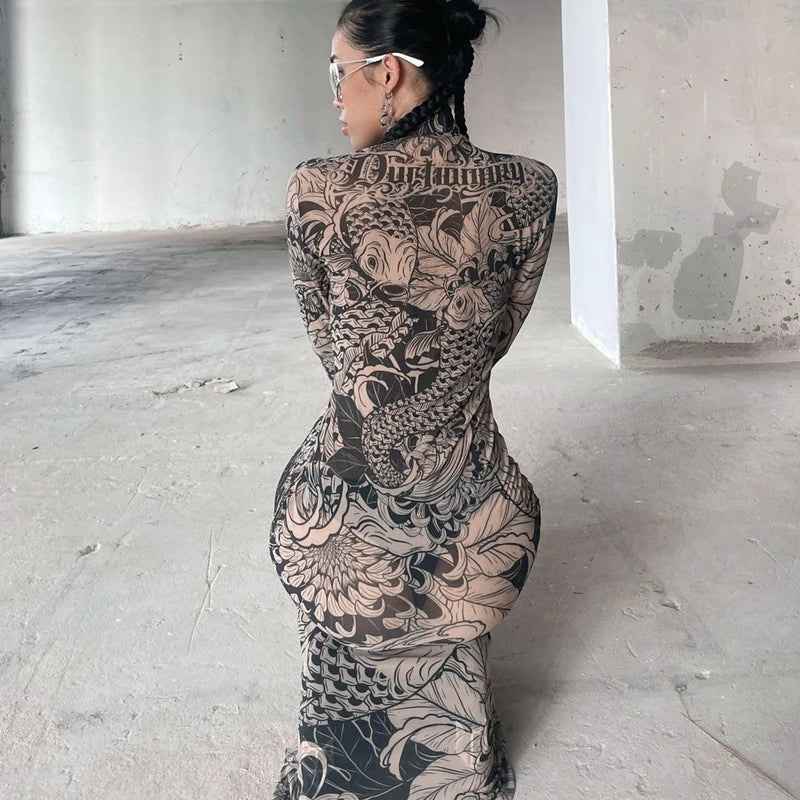 Haw thaw Long Sleeve Mesh See Through Streetwear Bodycon Long Dress
