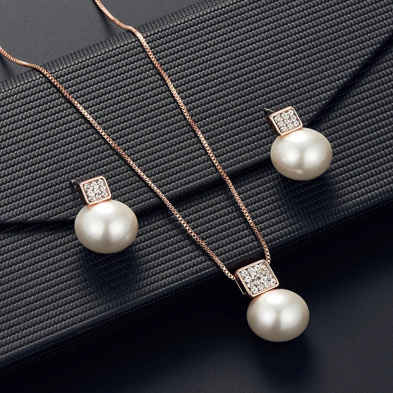 2 PCS Imitation Pearl Pendant Women Necklace Earring Stud Set