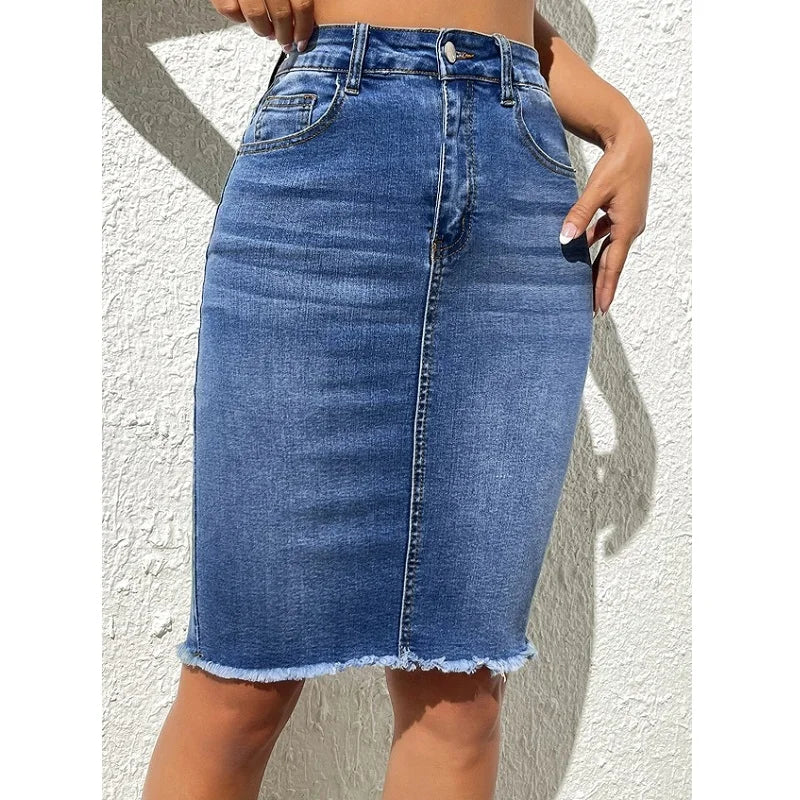 Knielanger Stretch-Jeansrock für Damen, legerer, figurbetonter Rock