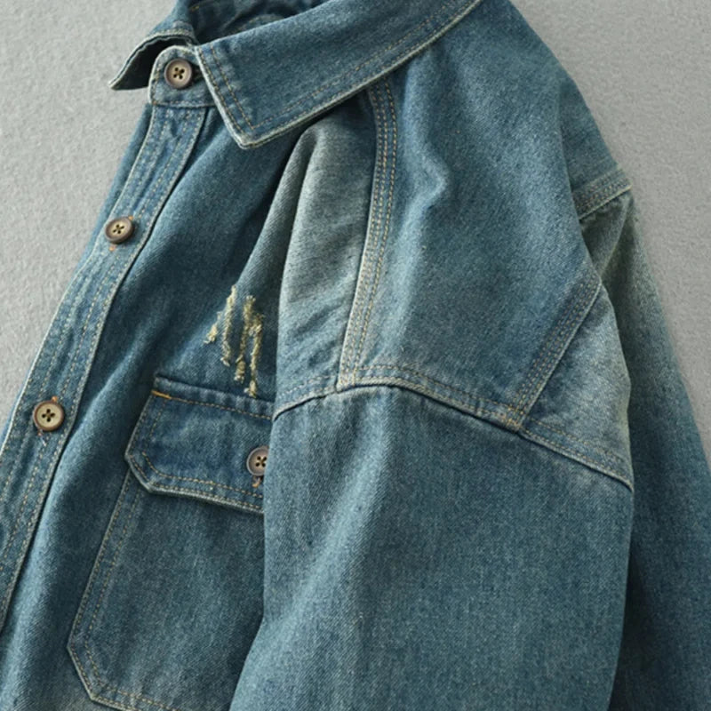 Herbst/Winter Grobes, verwaschenes Denimhemd im Retro-Look