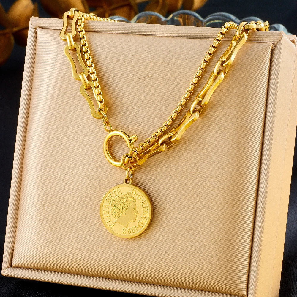 New Stainless Steel Golden Portrait Hanging Coin Necklace Earrings Bracelet Set