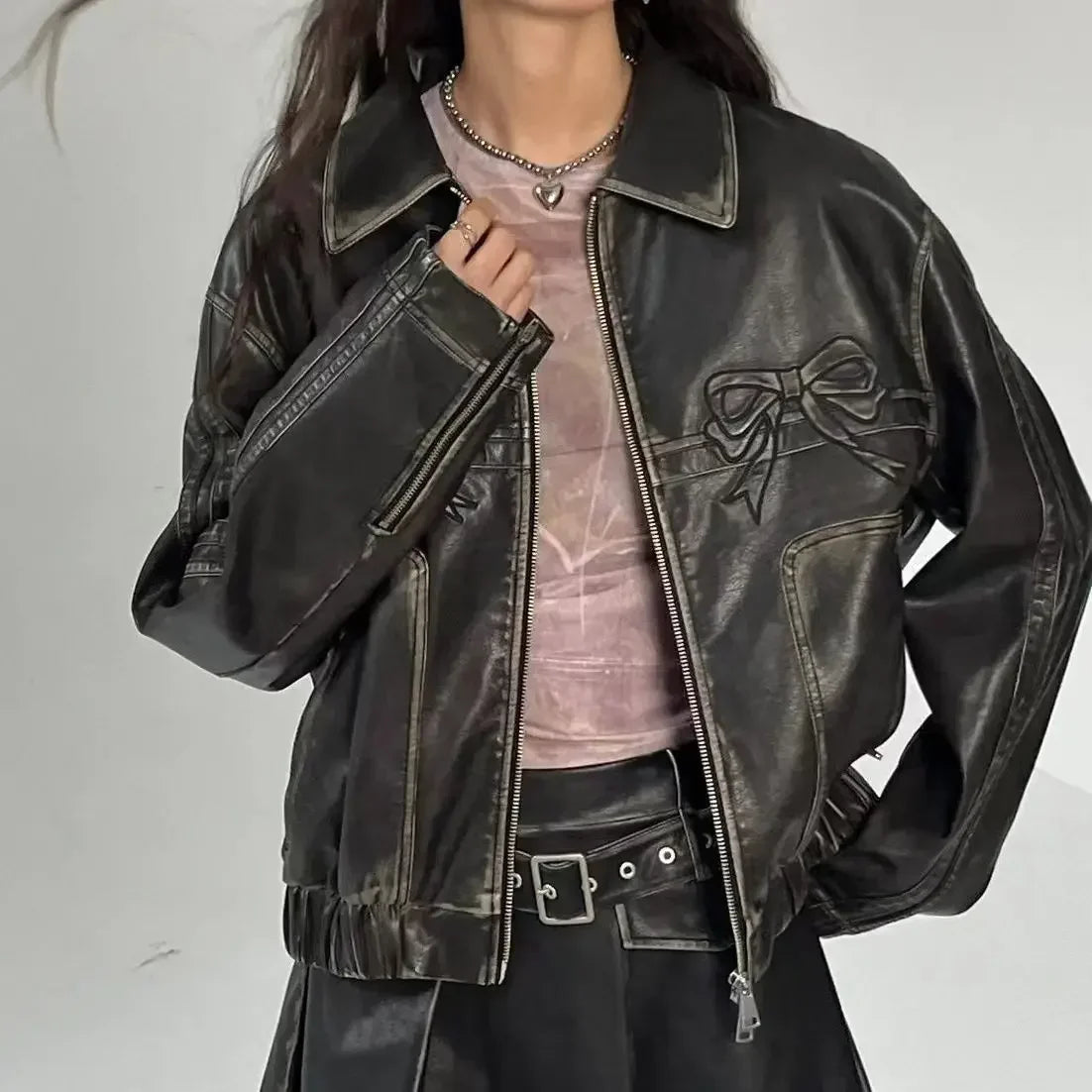 Women Fashion Bow Casual PU Coat