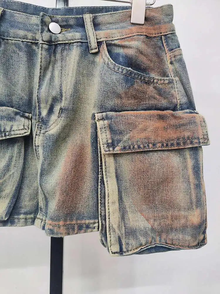 DEAT Denim Skirts Multiple Pockets Patchwork Washed A-line Mini Skirt