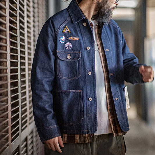 Neue schwere Jeansjacke mit aufgesticktem Vintage-Abzeichen von Maden