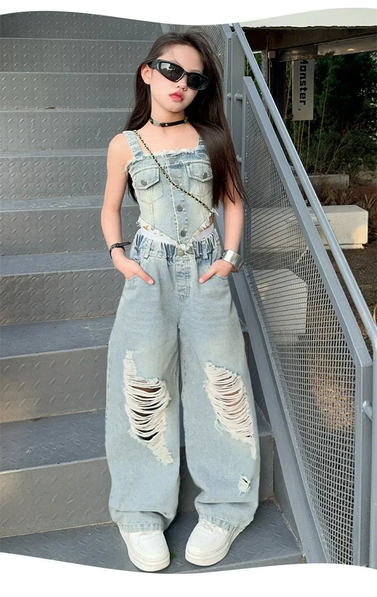 New Harbor Flavor Halter Vest Ripped Wide-leg Pants Two-piece Set