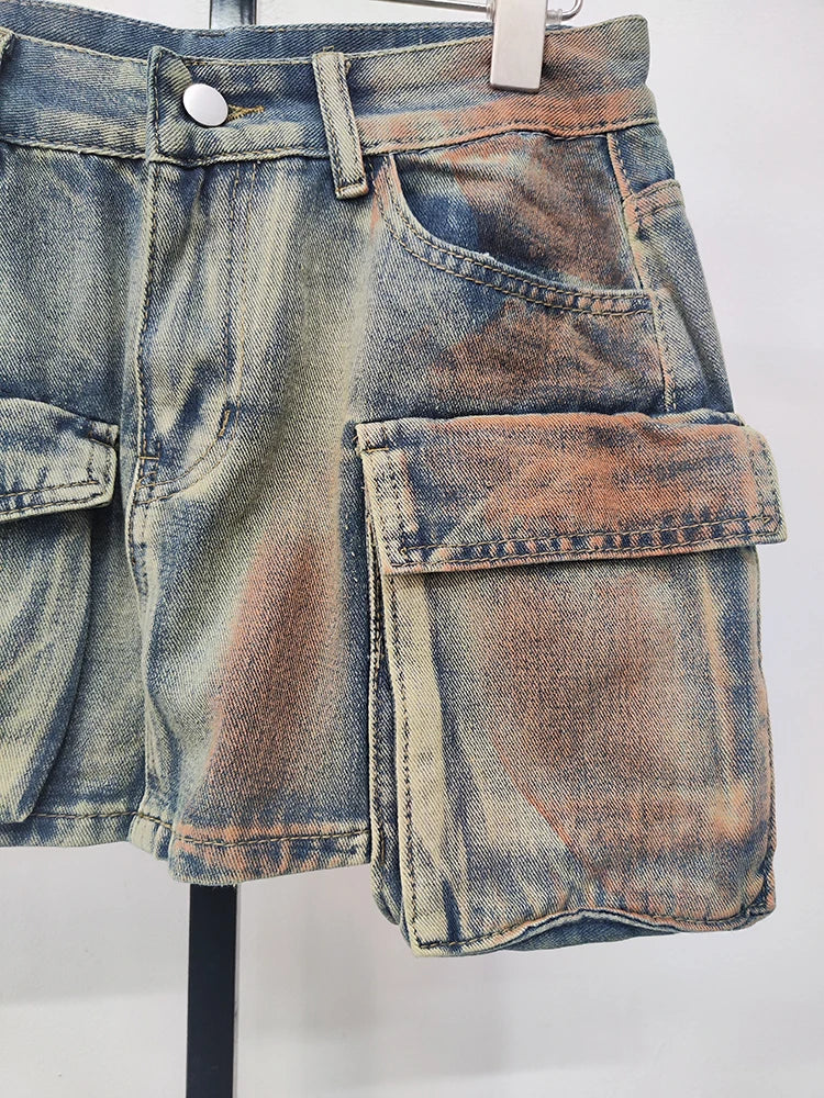 DEAT Denim Skirts Multiple Pockets Patchwork Washed A-line Mini Skirt