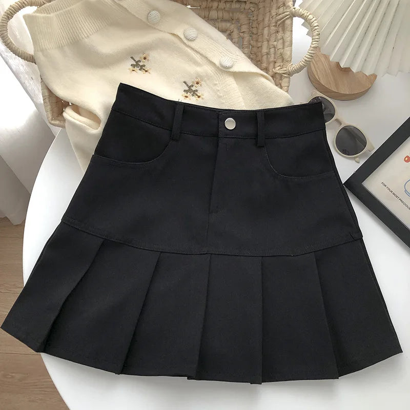 Vintage High Waist Pleated Skirt Women College Style with Safety Pants