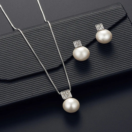 2 PCS Imitation Pearl Pendant Women Necklace Earring Stud Set