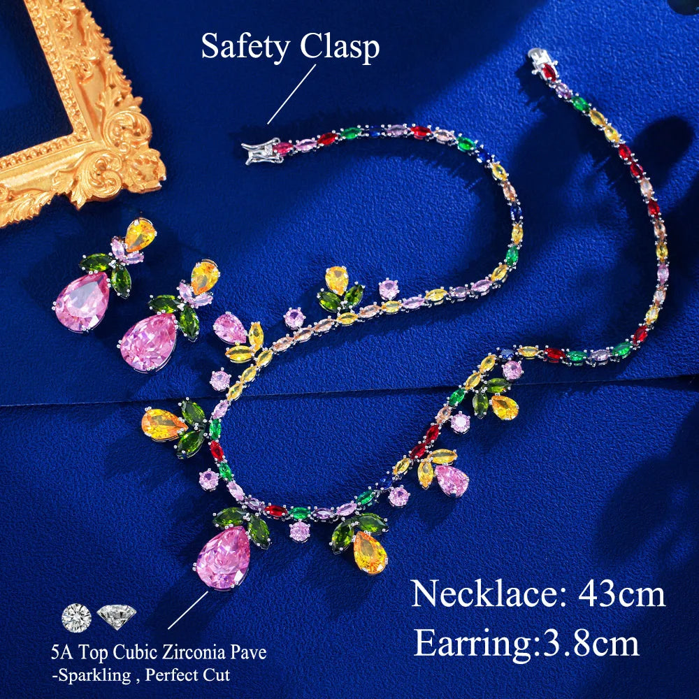 New Luxury Big Pink Water Drop Bridal Wedding Party Jewelry Set