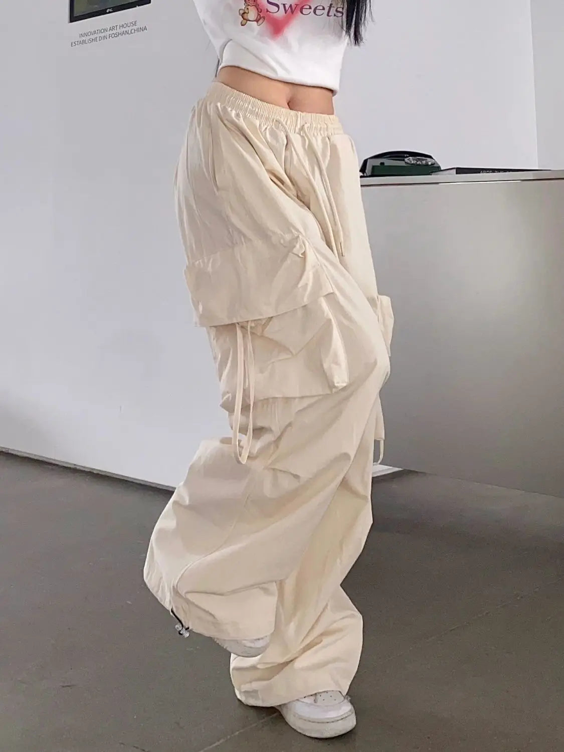 Koreanische Mode Kpop Beige Cargohose