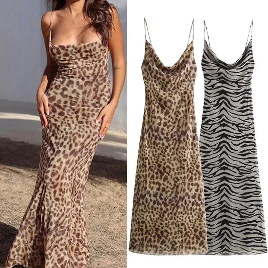 TRAF Leopard Print Tulle Slip Dress