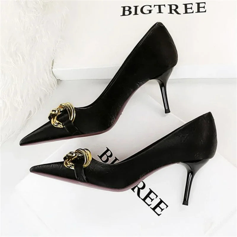 Women's Fashion Nude Metal Buckle Pumps High-Heels