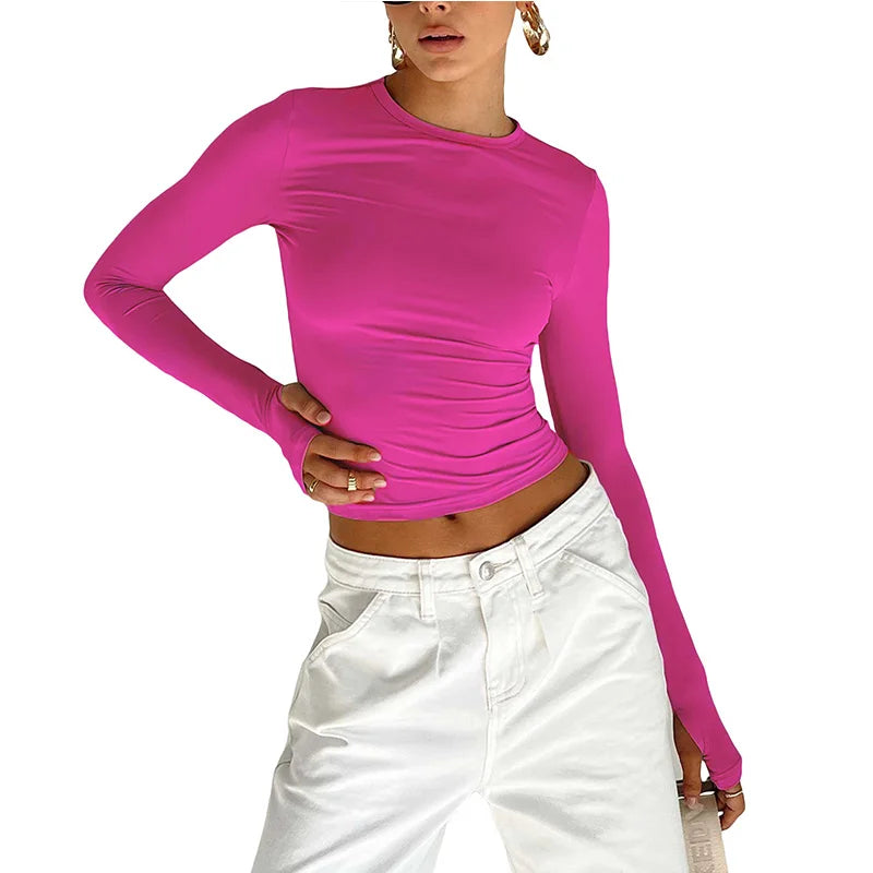 Women Long Sleeve Crew Neck Solid Slim Fit Ladies Crop Top