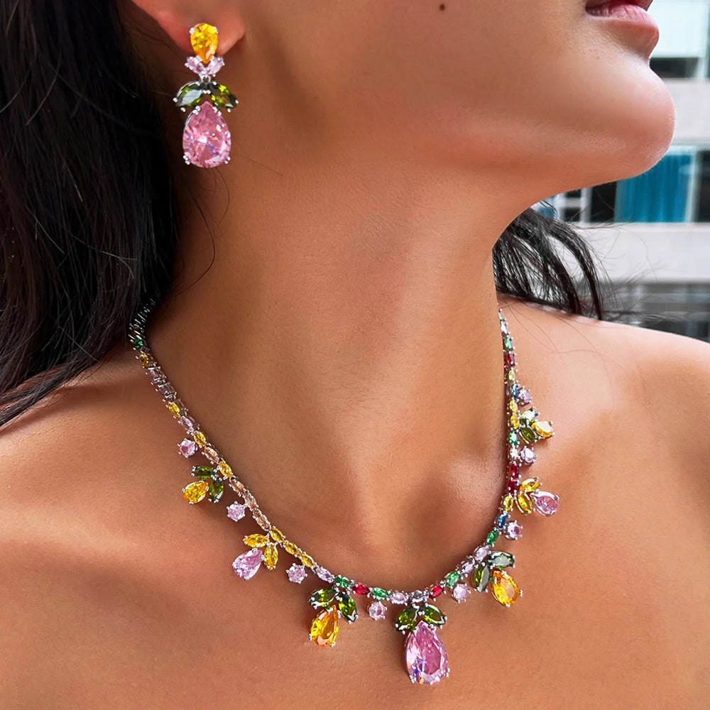 New Luxury Big Pink Water Drop Bridal Wedding Party Jewelry Set