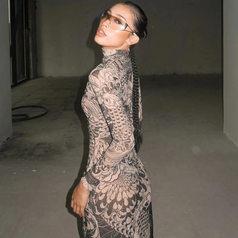 Haw thaw Long Sleeve Mesh See Through Streetwear Bodycon Long Dress