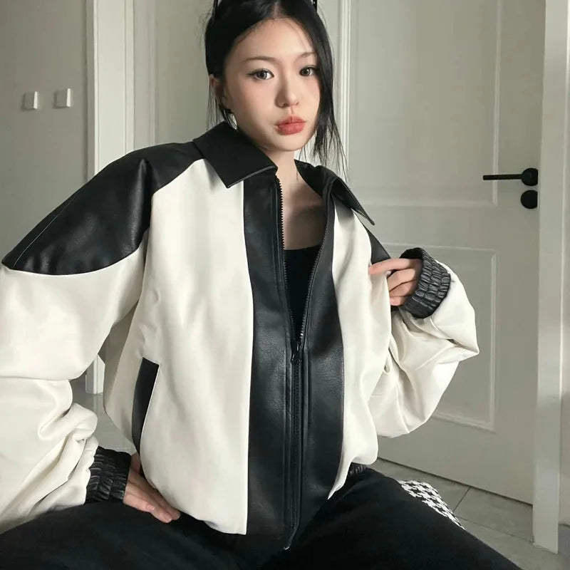 Women Oversized Patchwork Motorcycle Coat