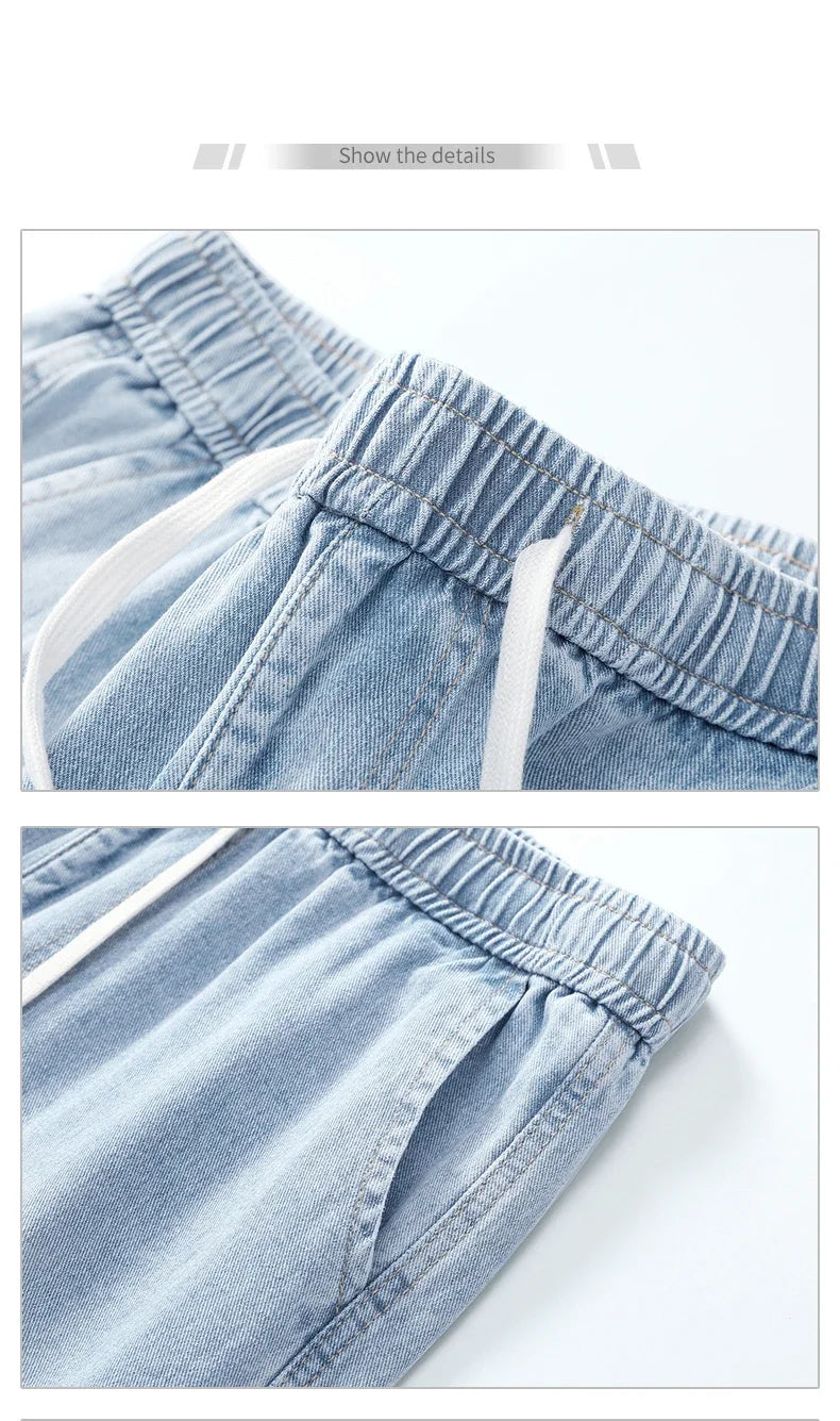 Thin Retro Casual Denim Shorts Soft Comfortable Stretchy Loose Drawstring