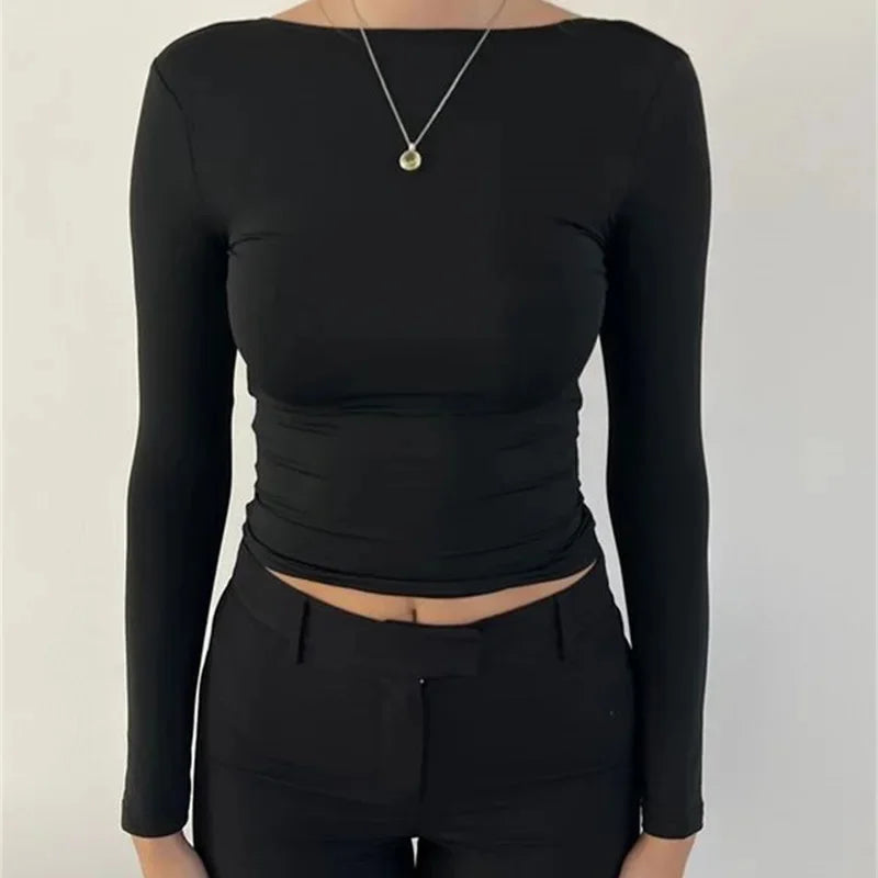 Black Backless Round Neck Long Sleeve Bodycon Top