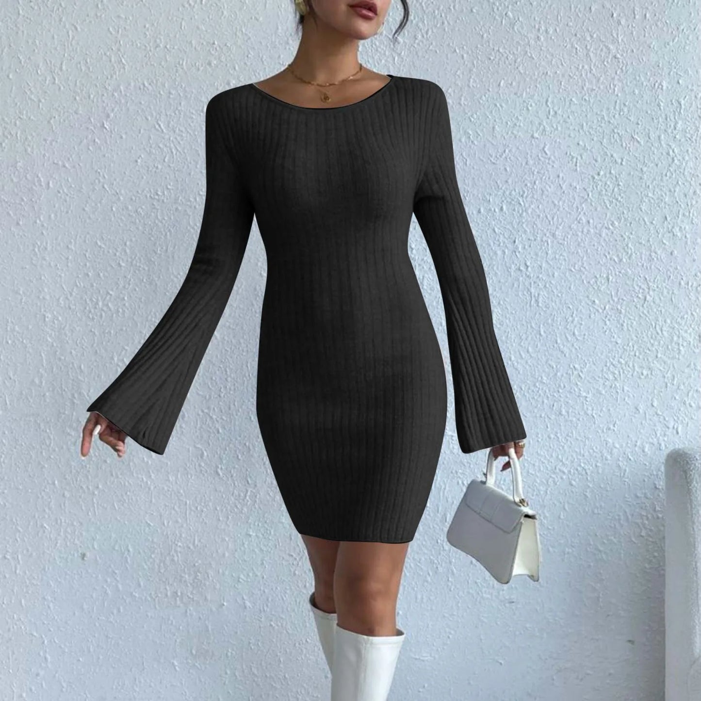 Solid Color High Quality Knitted Backless Dresses Long Sleeve Dress