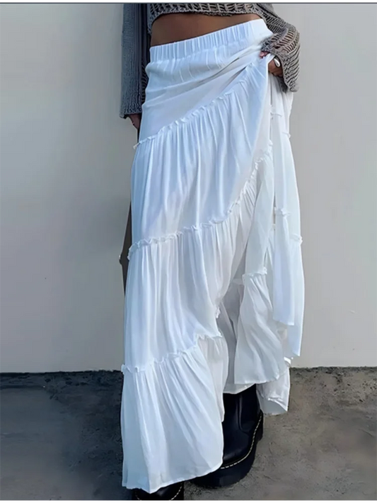 White Skirt High Waisted Lotus Leaf Edge Skirt Solid Color Pleated Skirt