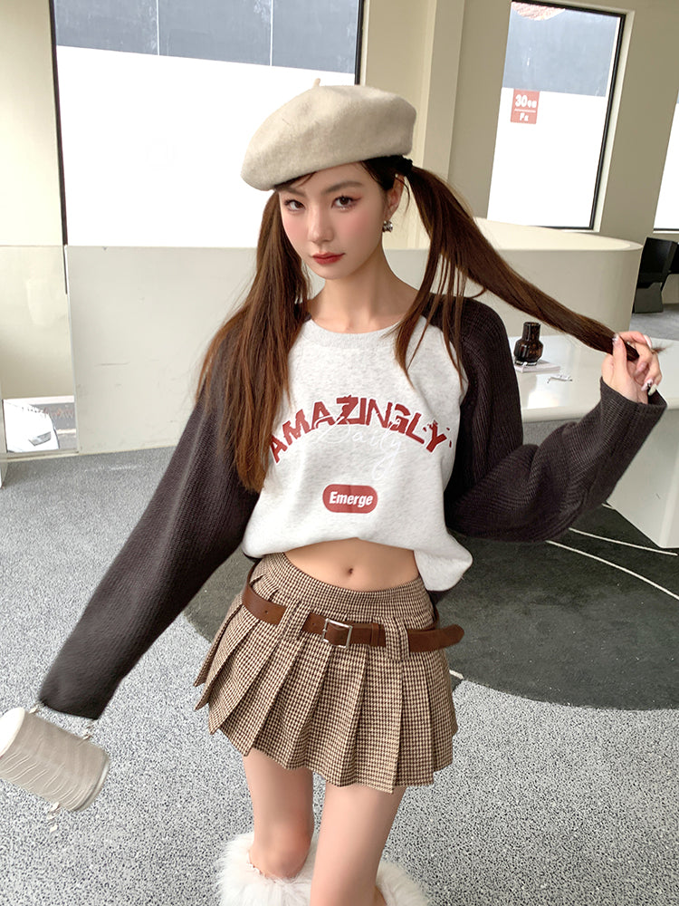 Y2K Low Rise Houndstooth Mini Skirt with Belt Woolen Pleated Mini