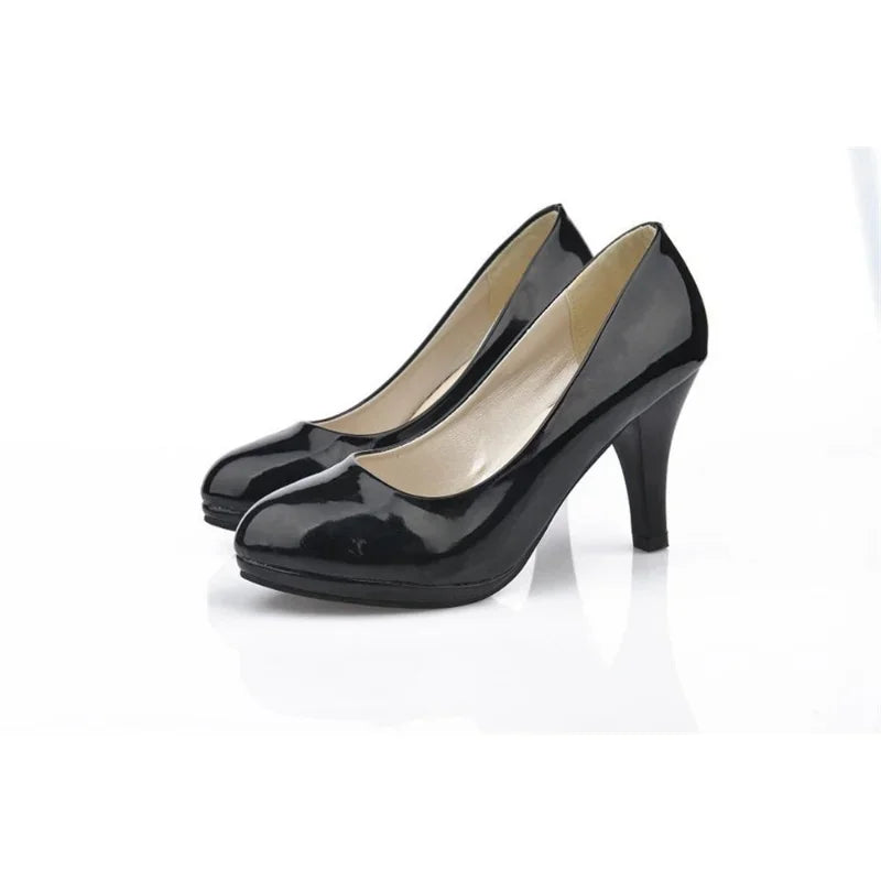 Women PU Leather Shallow Slip-On Round Toe High heels