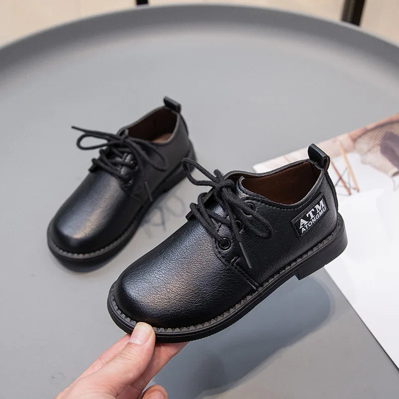 Kids Leather Four Seasons Versatile Black Shoes
