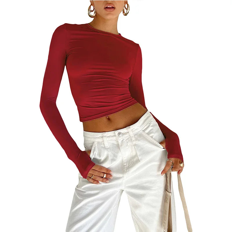 Women Long Sleeve Crew Neck Solid Slim Fit Ladies Crop Top