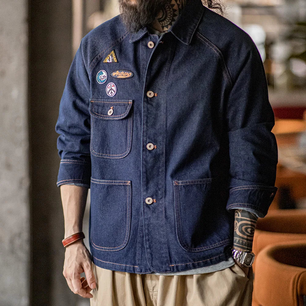 Neue schwere Jeansjacke mit aufgesticktem Vintage-Abzeichen von Maden