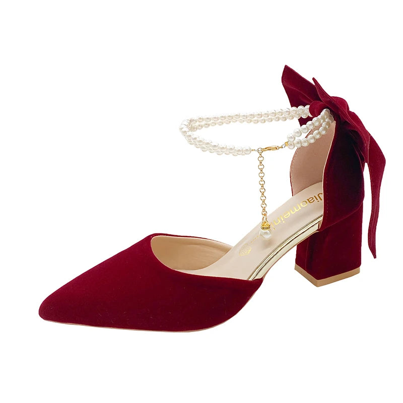 Damen Dicke Pumps Trend Rot Wildleder Perlen Schnalle High Heels