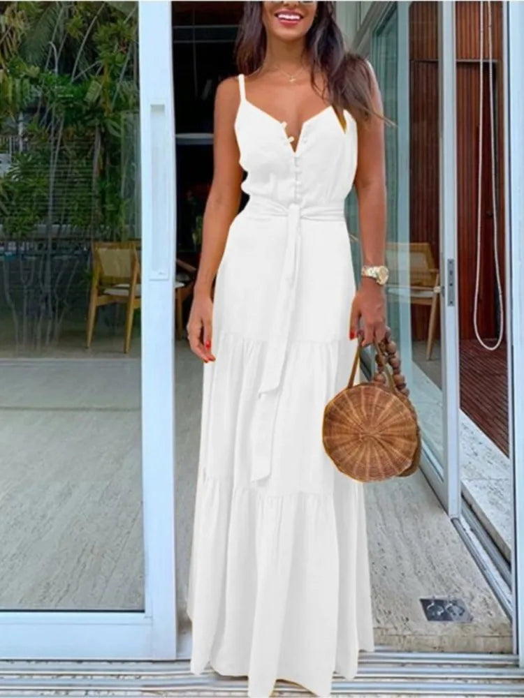 Women Summer Button With Belt White Dresses