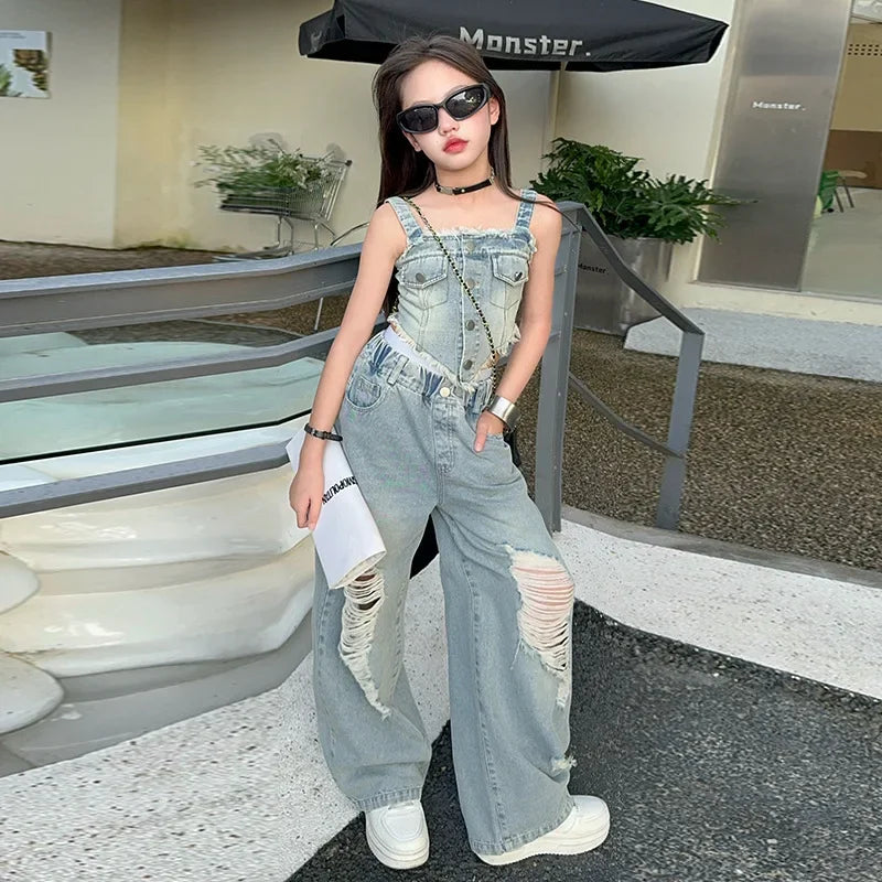 New Harbor Flavor Halter Vest Ripped Wide-leg Pants Two-piece Set