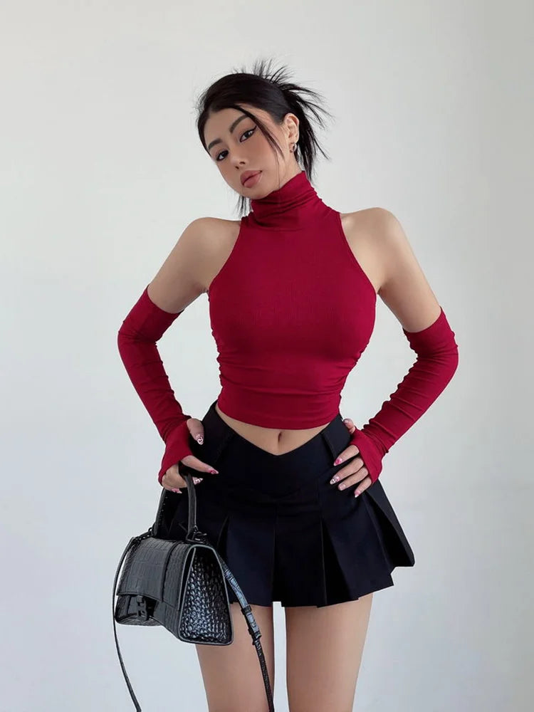 Girl Sleeves High Neck Pleated Club Crop Top